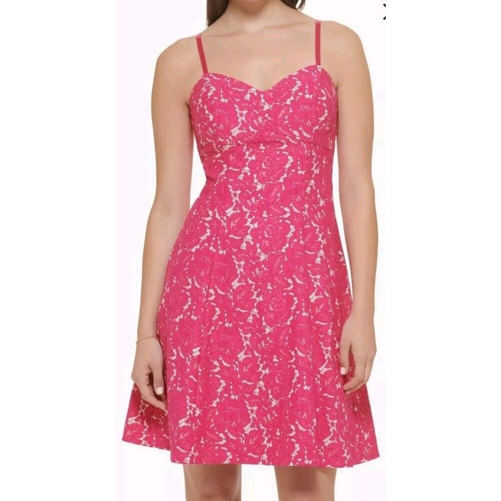 12 Guess Women's Short Sleeveless Sweetheart Fit & Flare Dress Hot Pink Nude